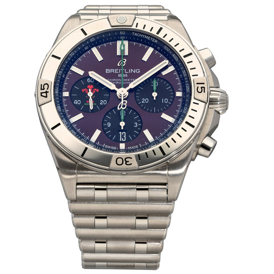 Breitling Chronomat Six Nations AB0134 stainless steel chronograph watch with blue dial and bezel, metal bracelet