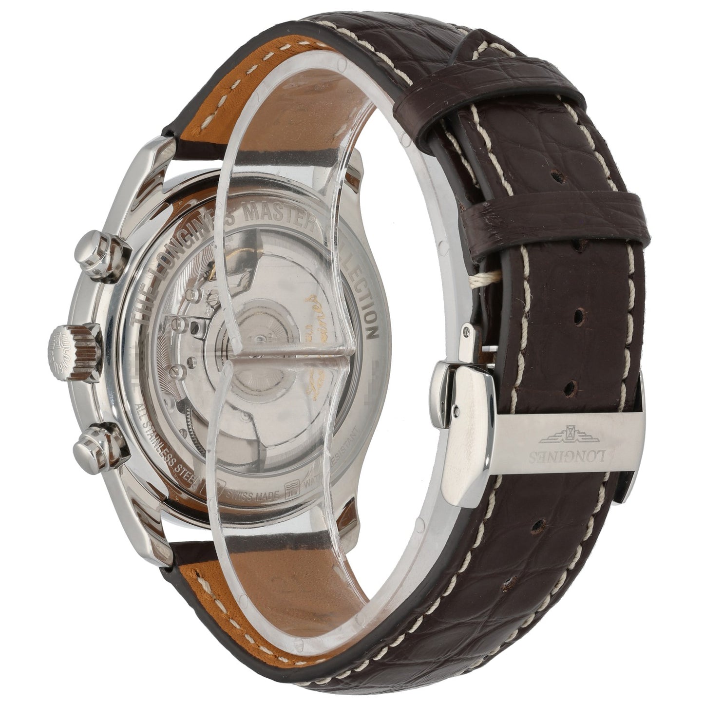 Longines Master Collection L2.629.4 Stainless steel wristwatch caseback view with brown leather strap