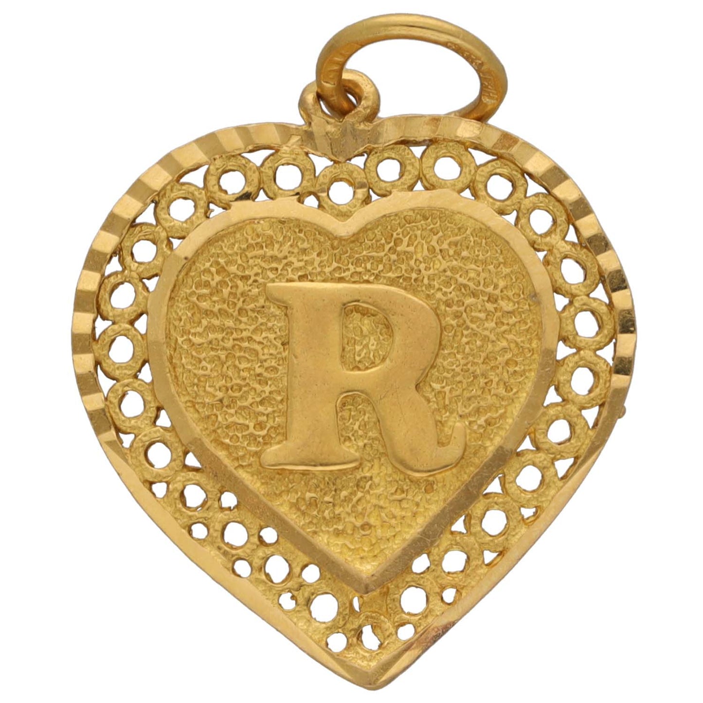 22ct gold initial heart pendant with engraved letter R and openwork border