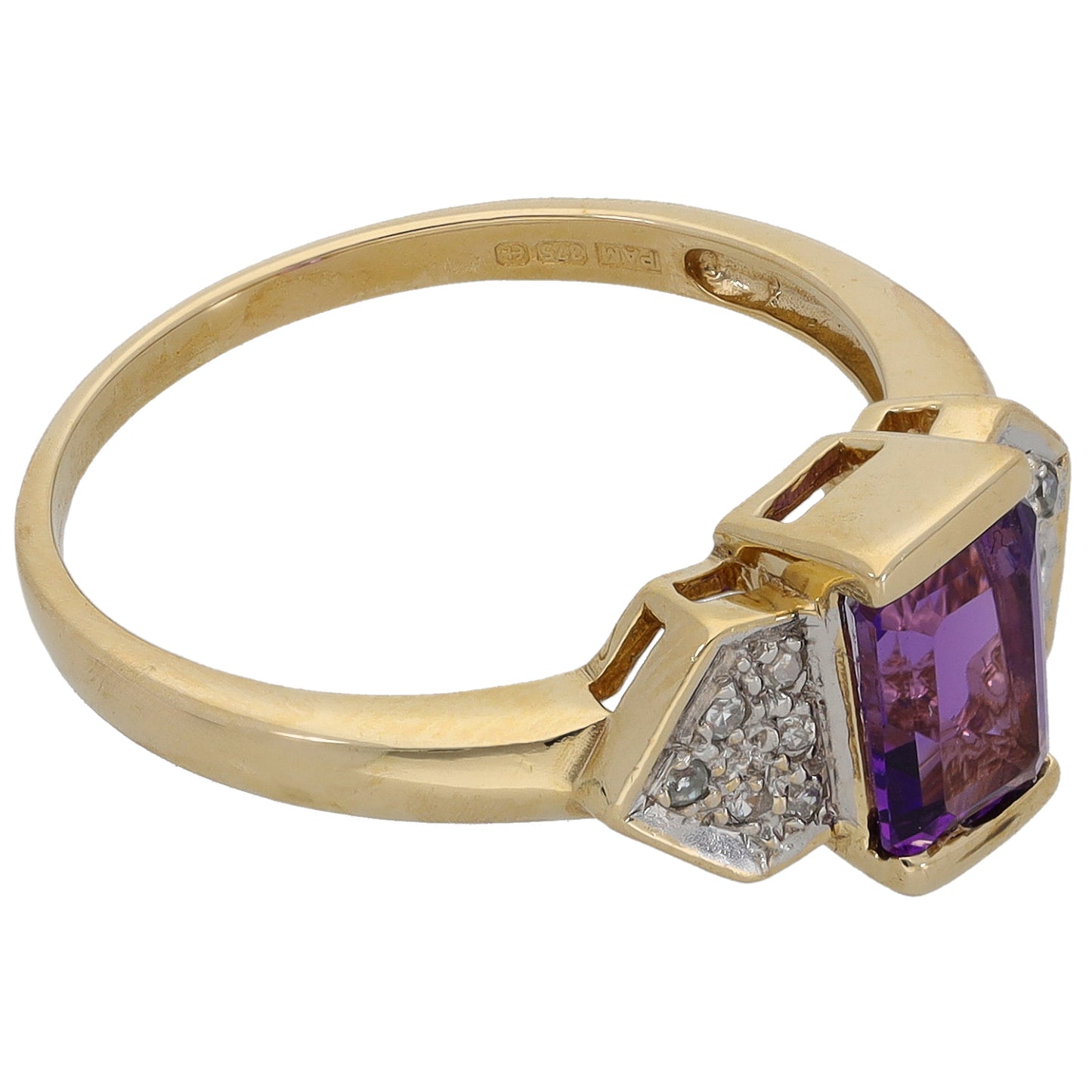 9ct Gold Amethyst & 0.06ct Diamond Single Stone Ring with Accent Stones Size N