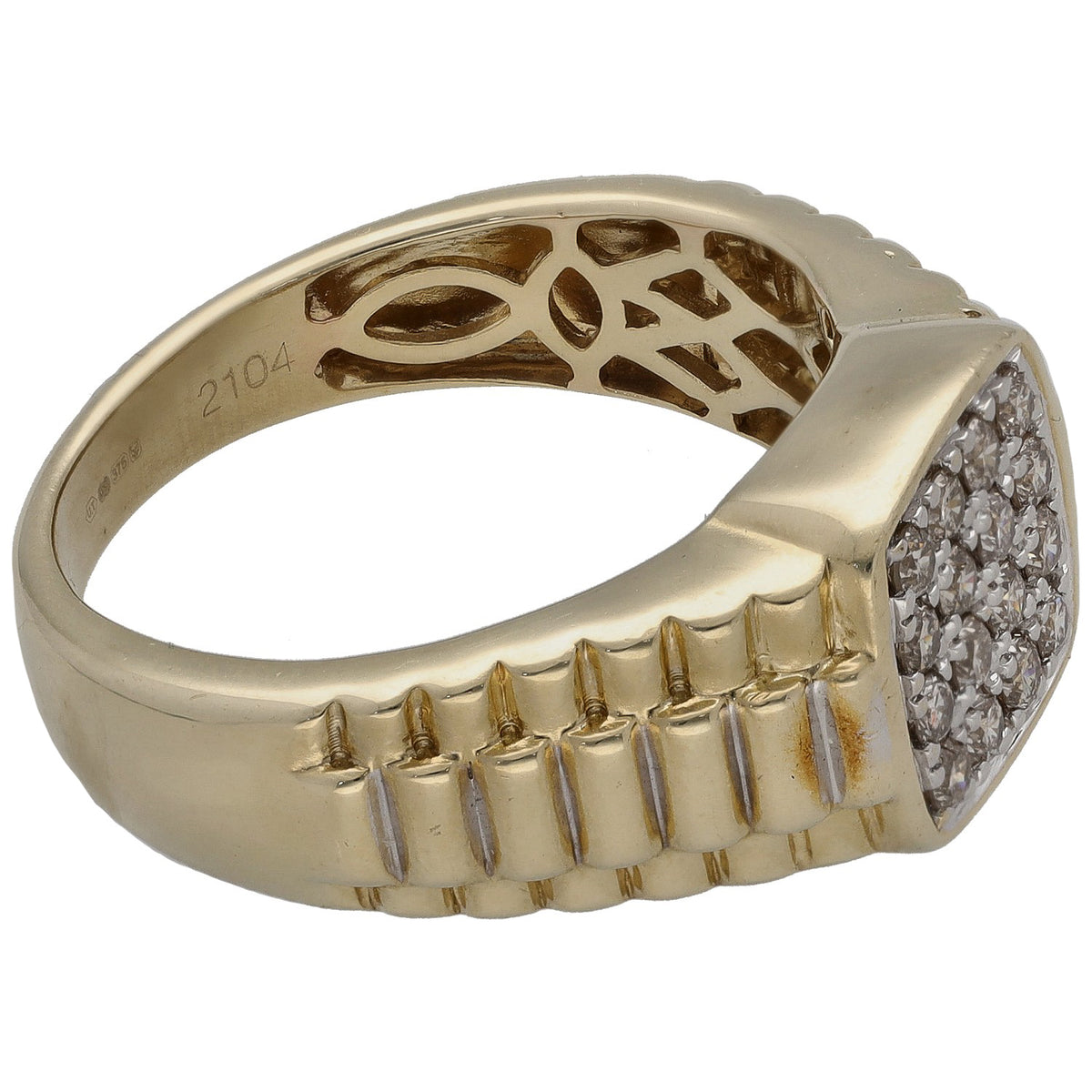 9ct gold signet ring with round diamond cluster and patterned band