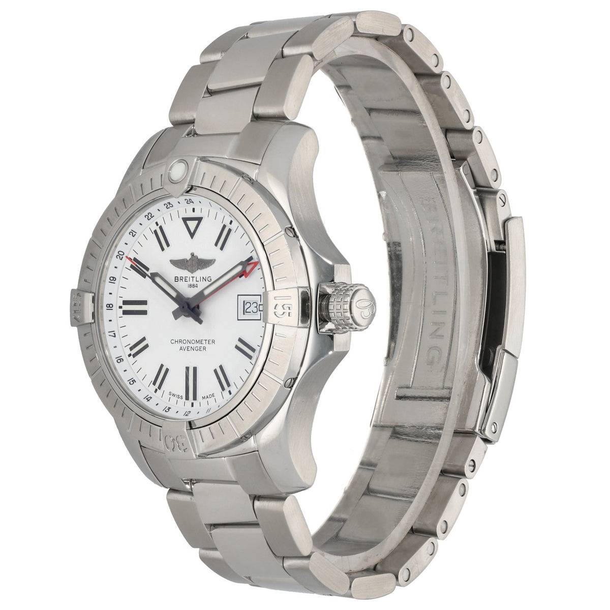 Breitling Avenger A32397 stainless steel watch with white dial, crown visible, side profile