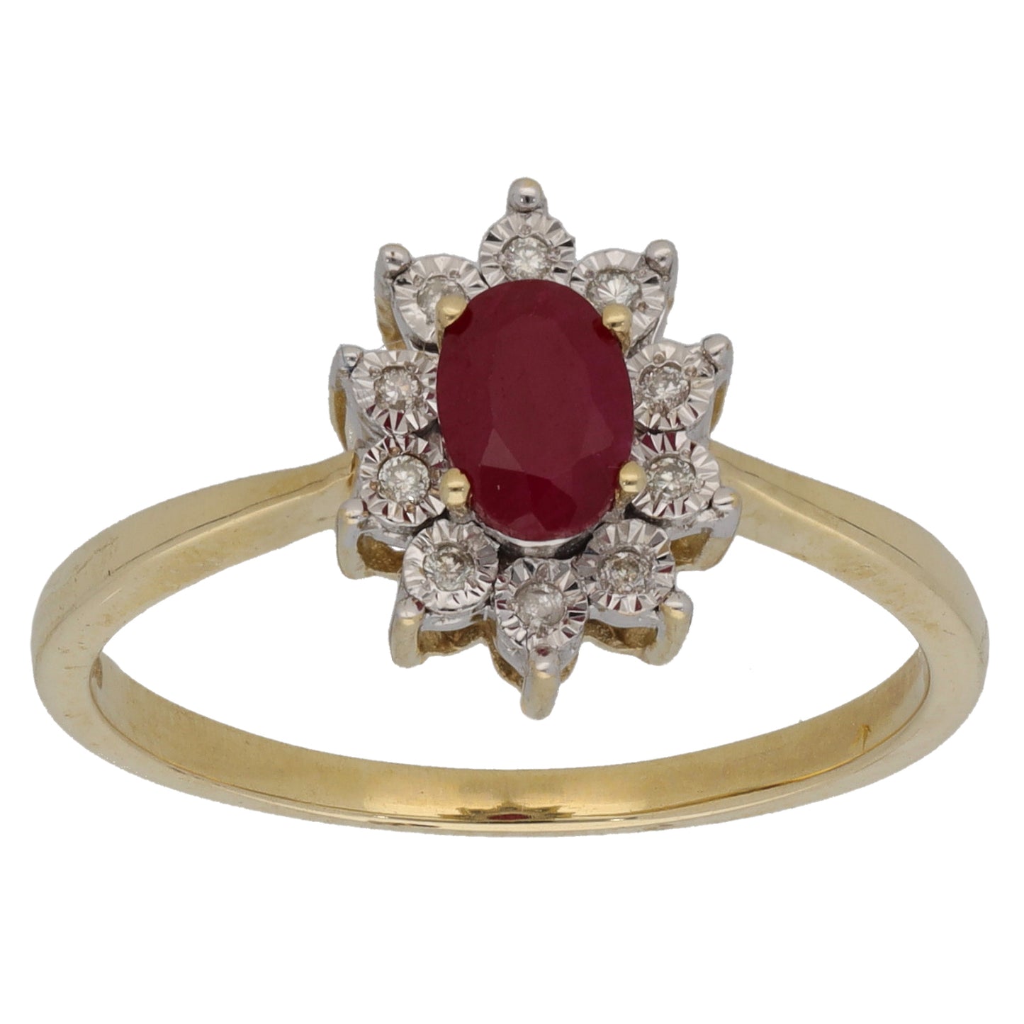 9ct Gold Glass Filled Ruby & 0.05ct Diamond Cluster Ring Size R