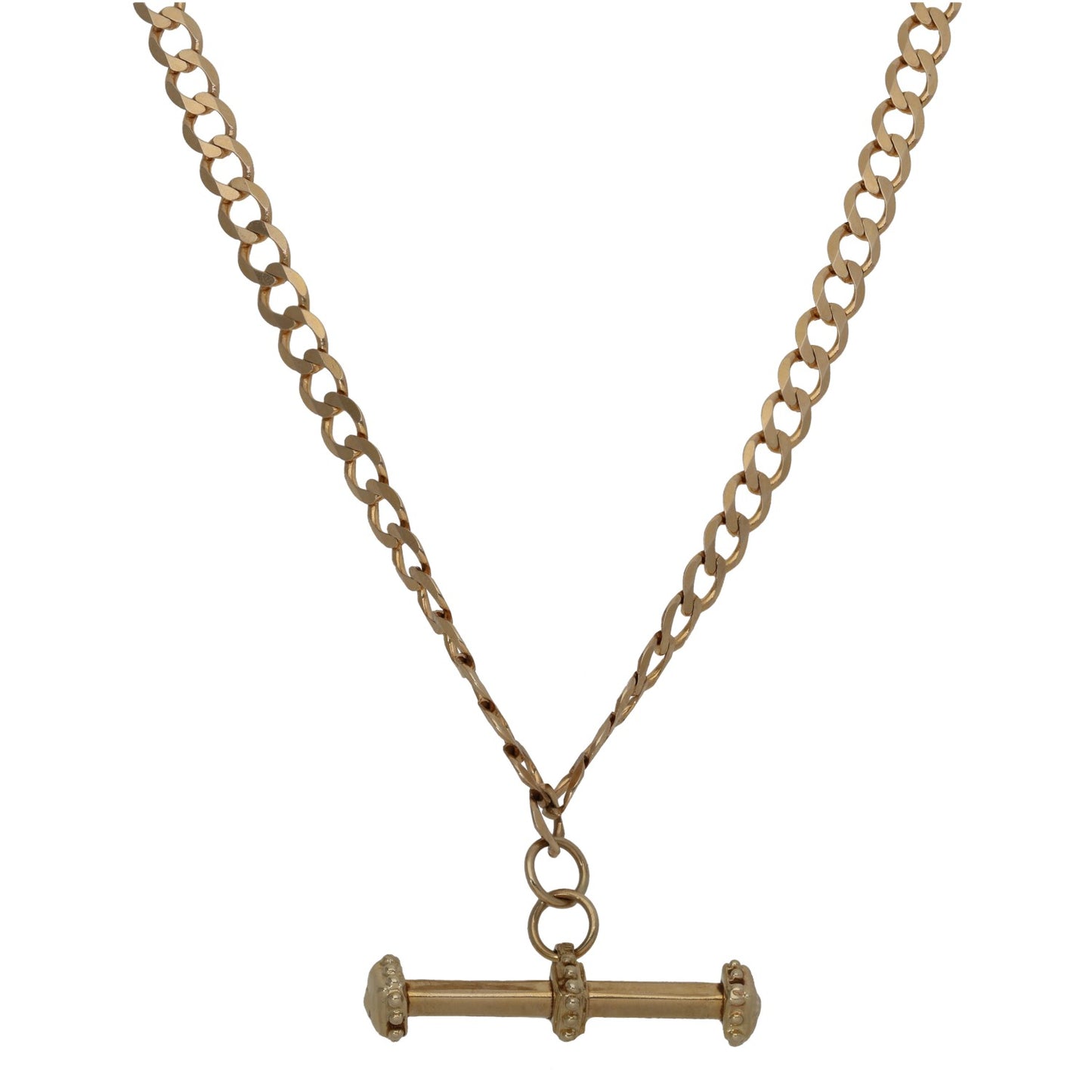 Gold watch chain with round links and bar fob clasp, central ring closure