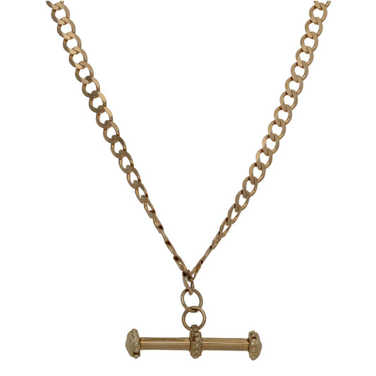 Gold watch chain with round links and bar fob clasp, central ring closure