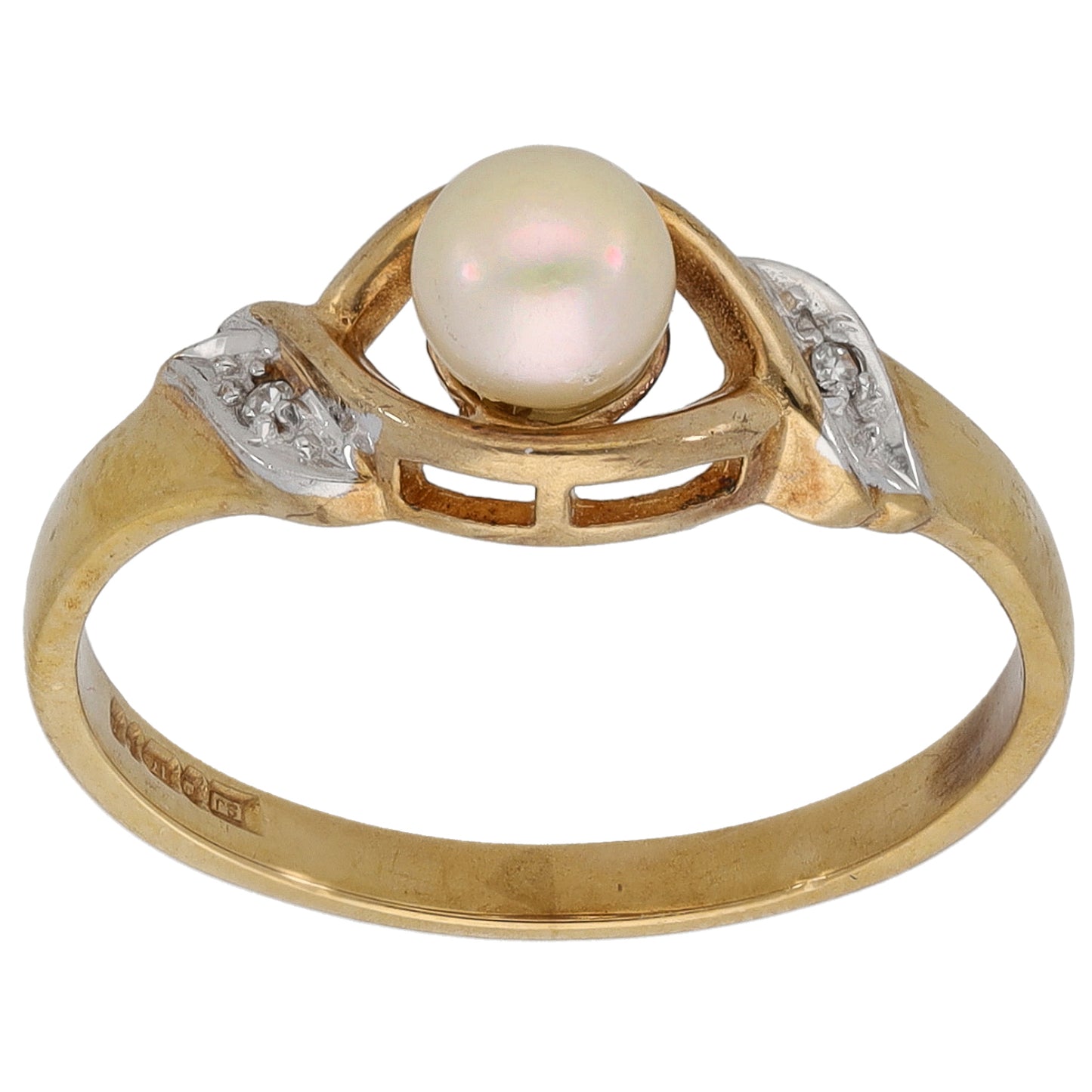 9ct Gold Cultured Pearl & 0.01ct Diamond Dress/Cocktail Ring Size M