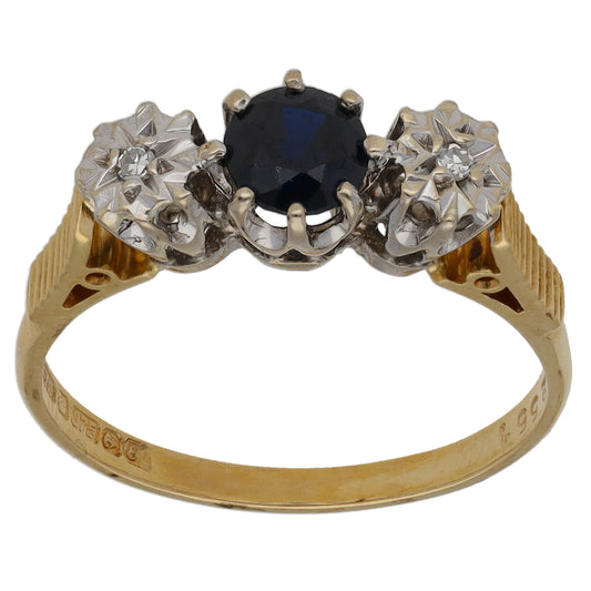 9ct Gold 0.02ct Diamond & Sapphire Trilogy Ring Size P