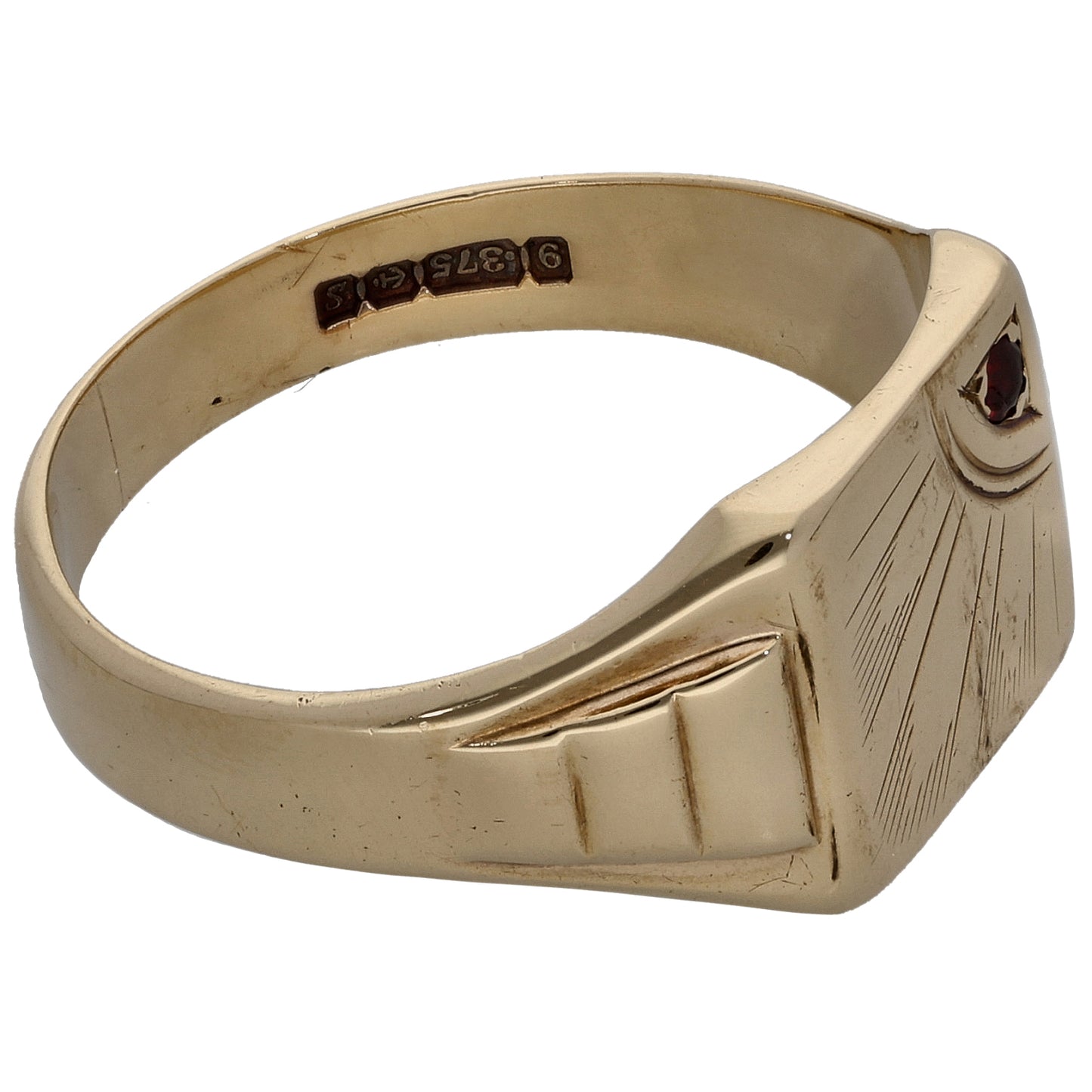 9ct Gold Garnet Patterned Single Stone Signet Ring Size V