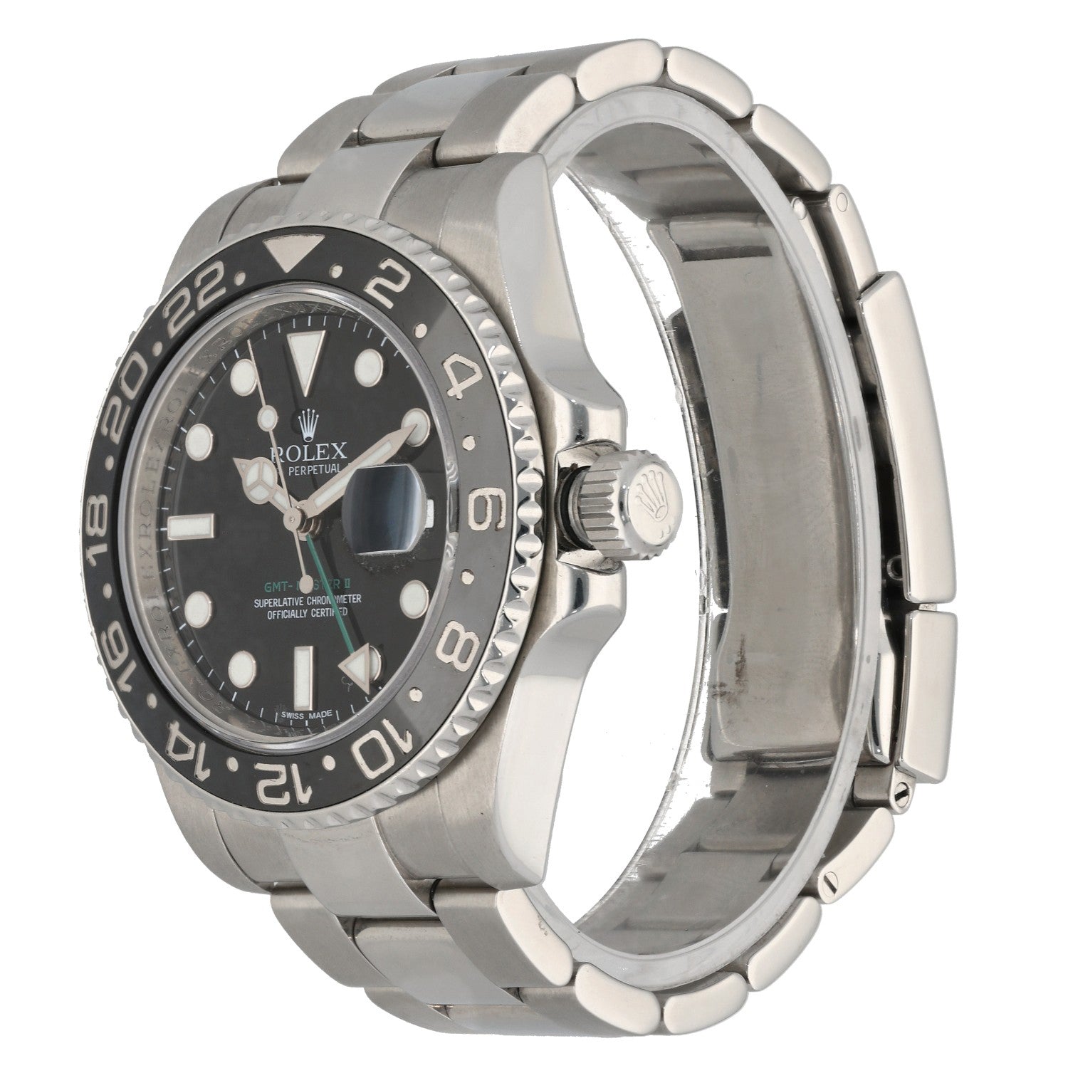 Rolex GMT Master II 116710LN, black dial with black cerchrome bezel, on a stainless steel case and bracelet, front angled photo