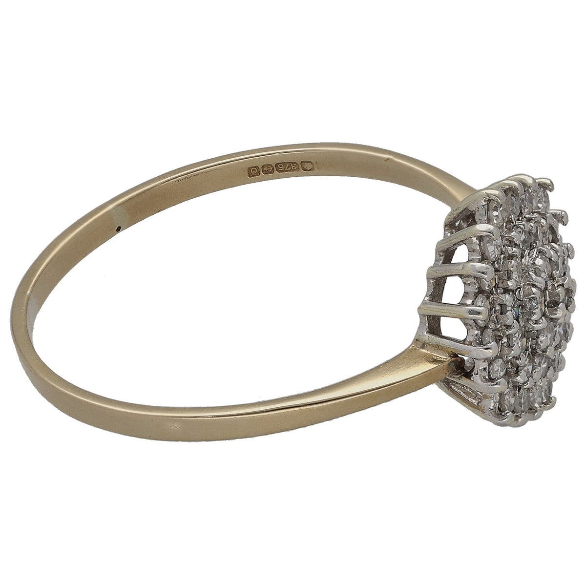 Gold diamond cluster ring side view, round stone halo prong setting