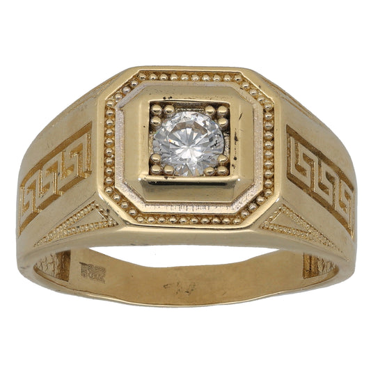 14ct Gold Cubic Zirconia Single Stone Patterned Signet Ring Size Z+1