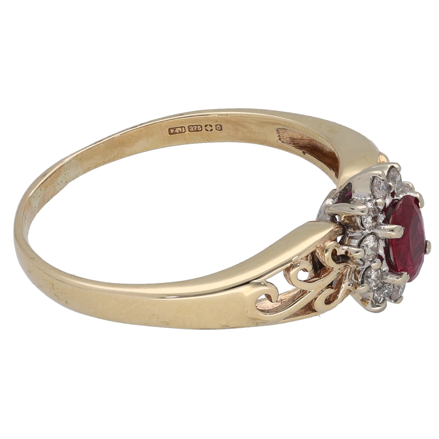 9ct Gold Ruby & 0.20ct Diamond Cluster Ring Size Q