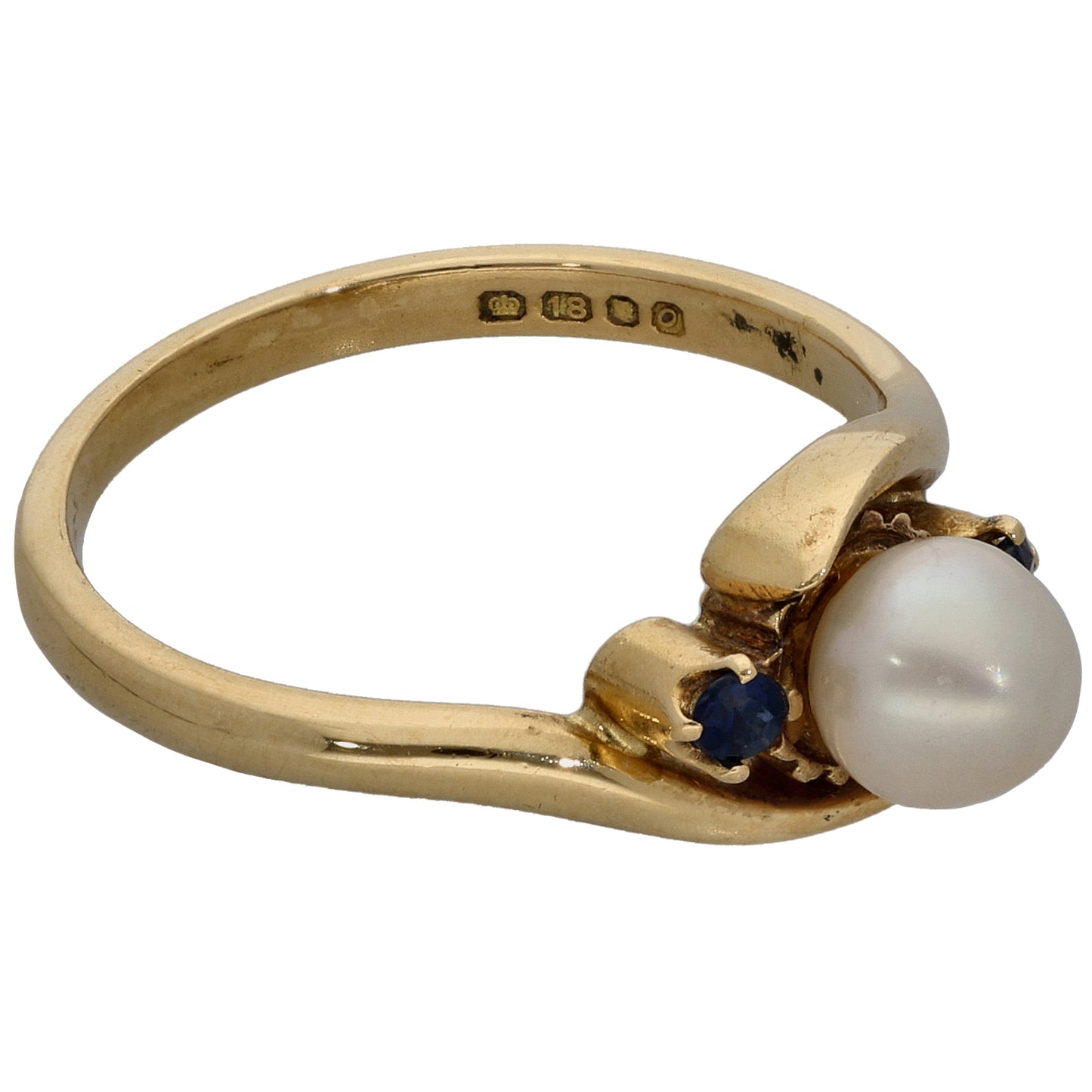 18ct Gold Cultured Pearl & Sapphire Three Stone Ring Size K