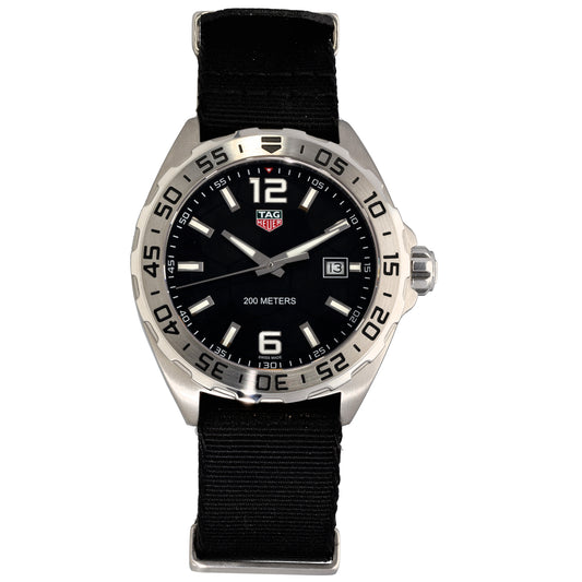 Tag Heuer Formula 1 WAZ1015 Stainless steel wristwatch with black dial, black fabric strap, date window and tachymeter bezel