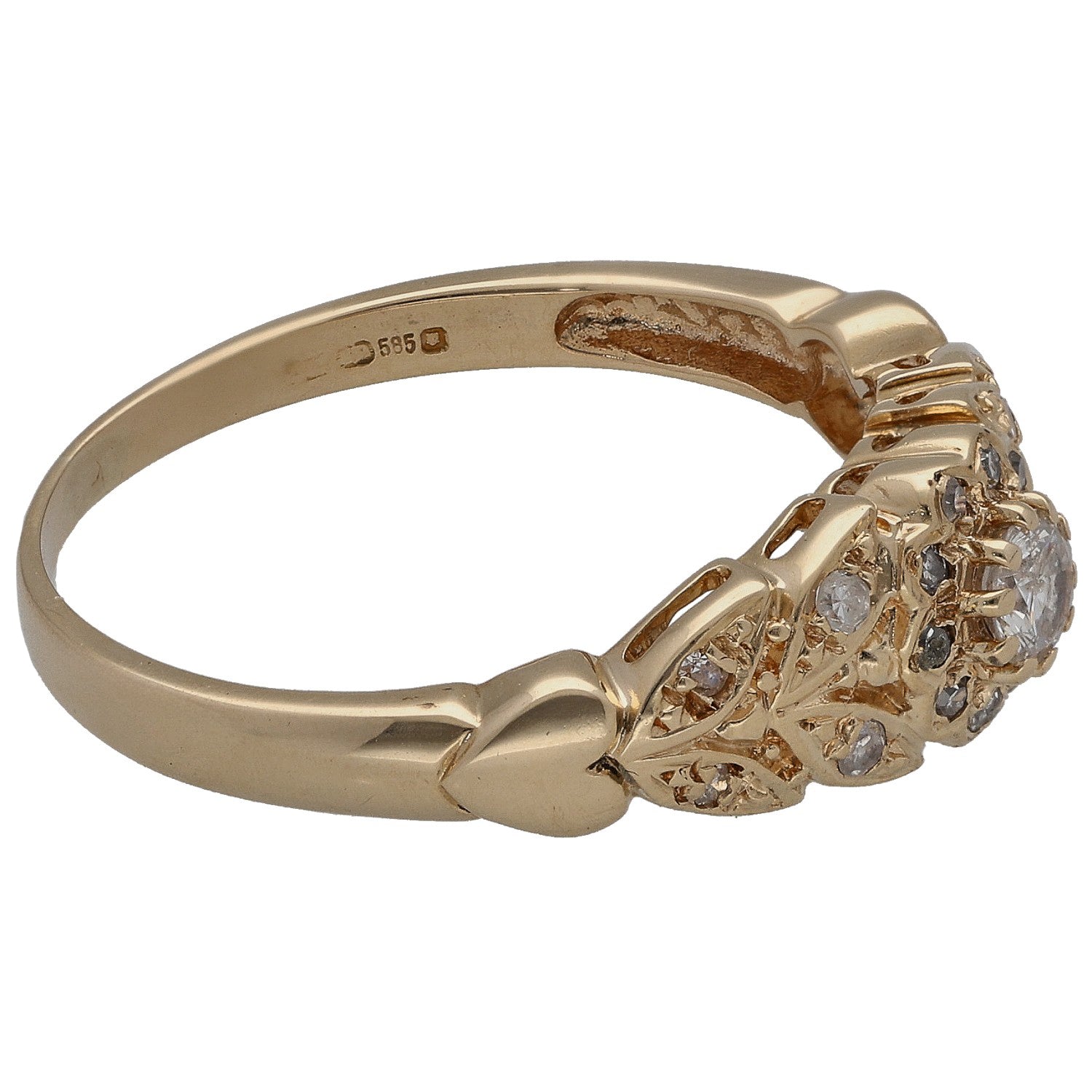 14k gold round diamond cocktail ring, side view, with halo cluster of stones