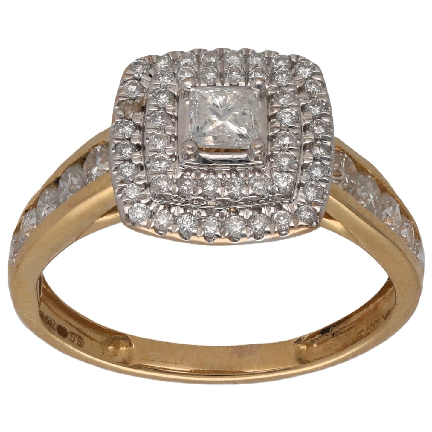18ct gold diamond cluster ring with square center stone and round diamond halo
