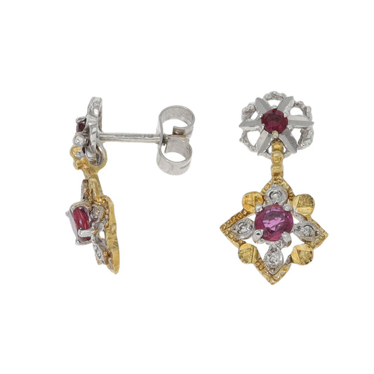 18ct Bicolour Gold Ruby & 0.08ct Diamond Drop Earrings