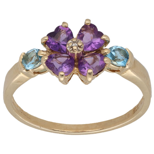 9ct Gold Amethyst, Topaz & 0.0025ct Diamond Dress/Cocktail Ring Size Q