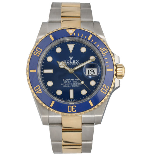 Bi-colour Rolex Submariner 126613 watch with blue dial, gold bezel accents, steel bracelet