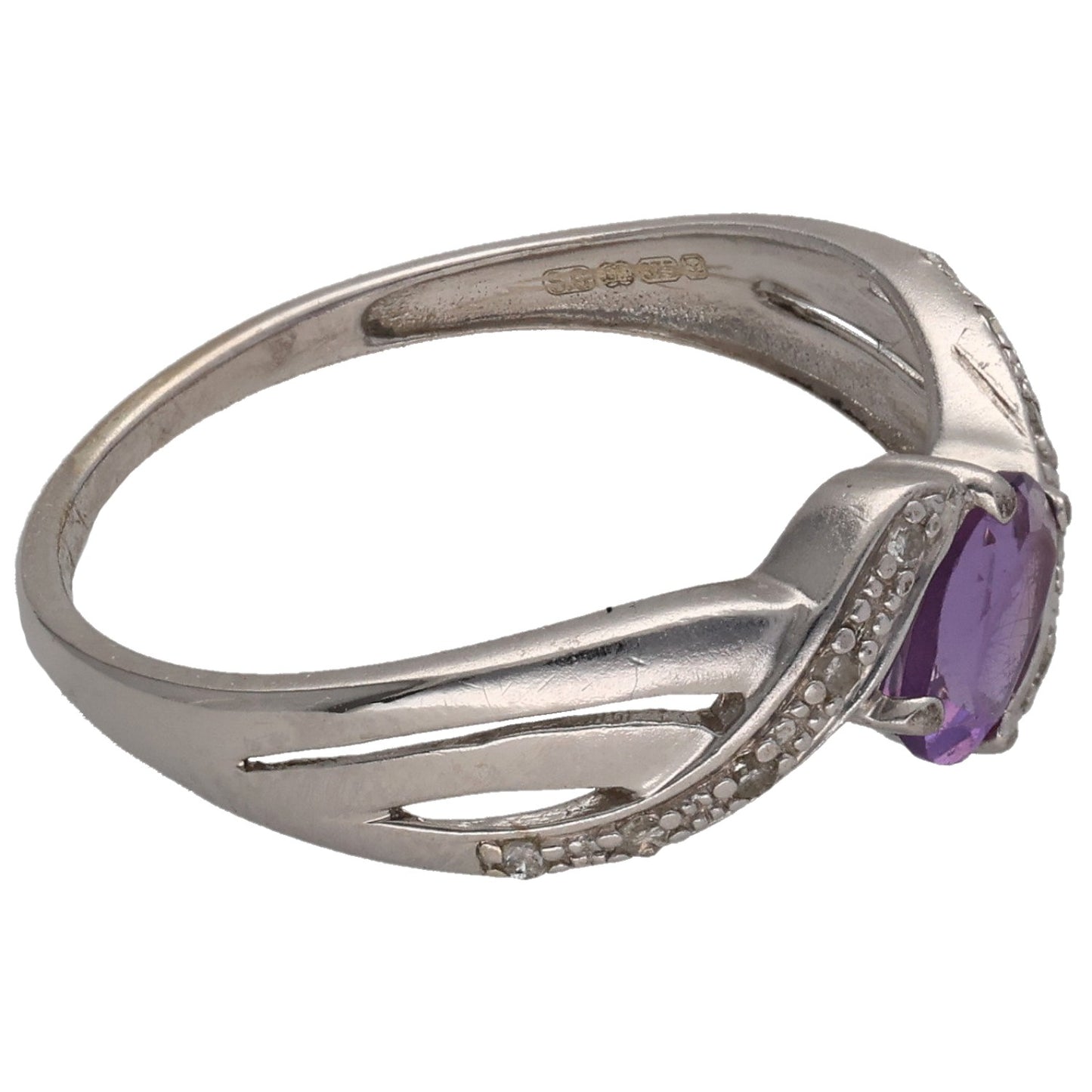 9ct White Gold Amethyst & 0.05ct Diamond Single Stone Ring With Accents Size N