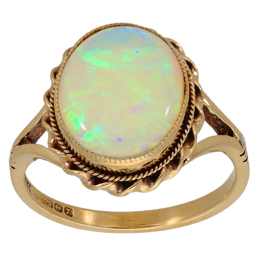 9ct gold oval opal ring with rope bezel and twisted shoulders