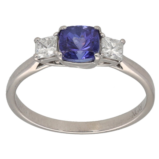 18ct White Gold Tanzanite & 0.20ct Diamond Three Stone Ring Size L