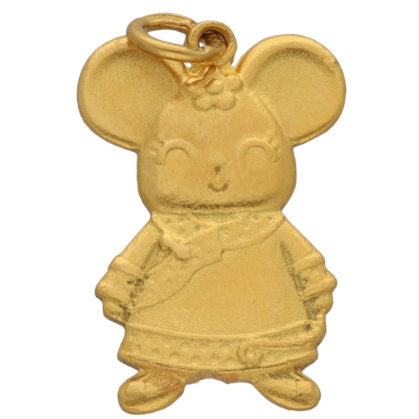 Gold clown/doll character pendant with loop bail, smiling face and bow