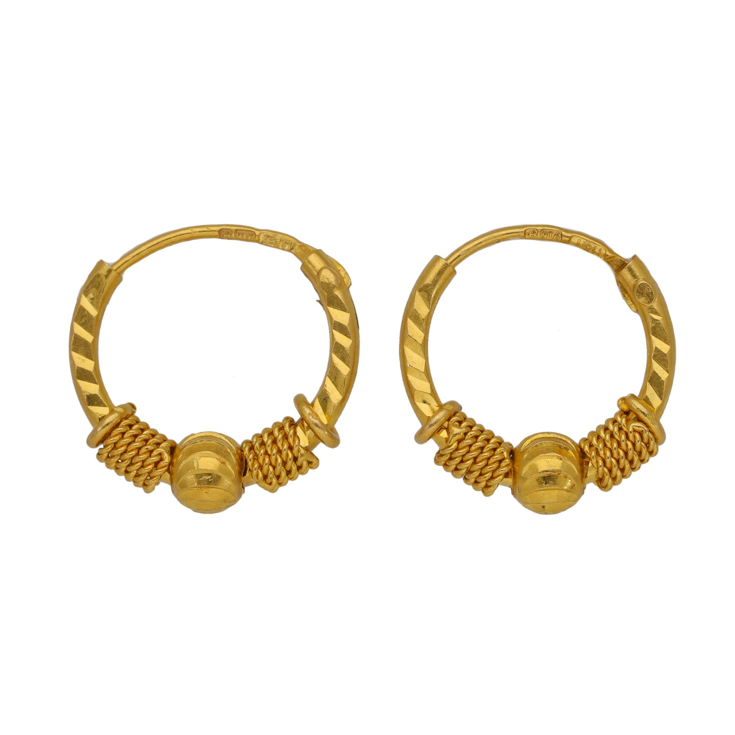 22ct Gold hoop earrings with braided wrap detail and round clasp, textured half-hoop