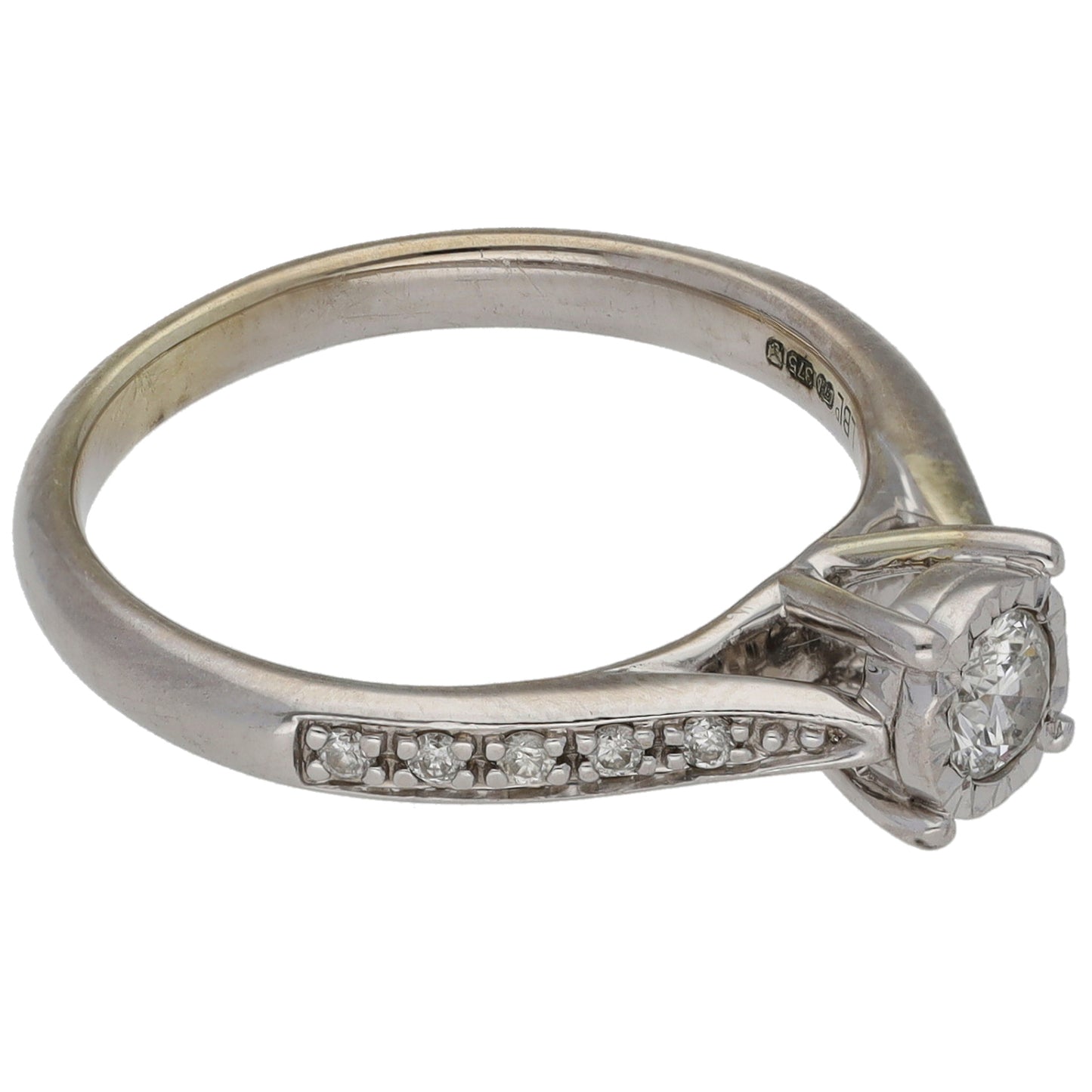 9ct White Gold 0.25ct Diamond Solitaire Ring With Accent Stones Size K