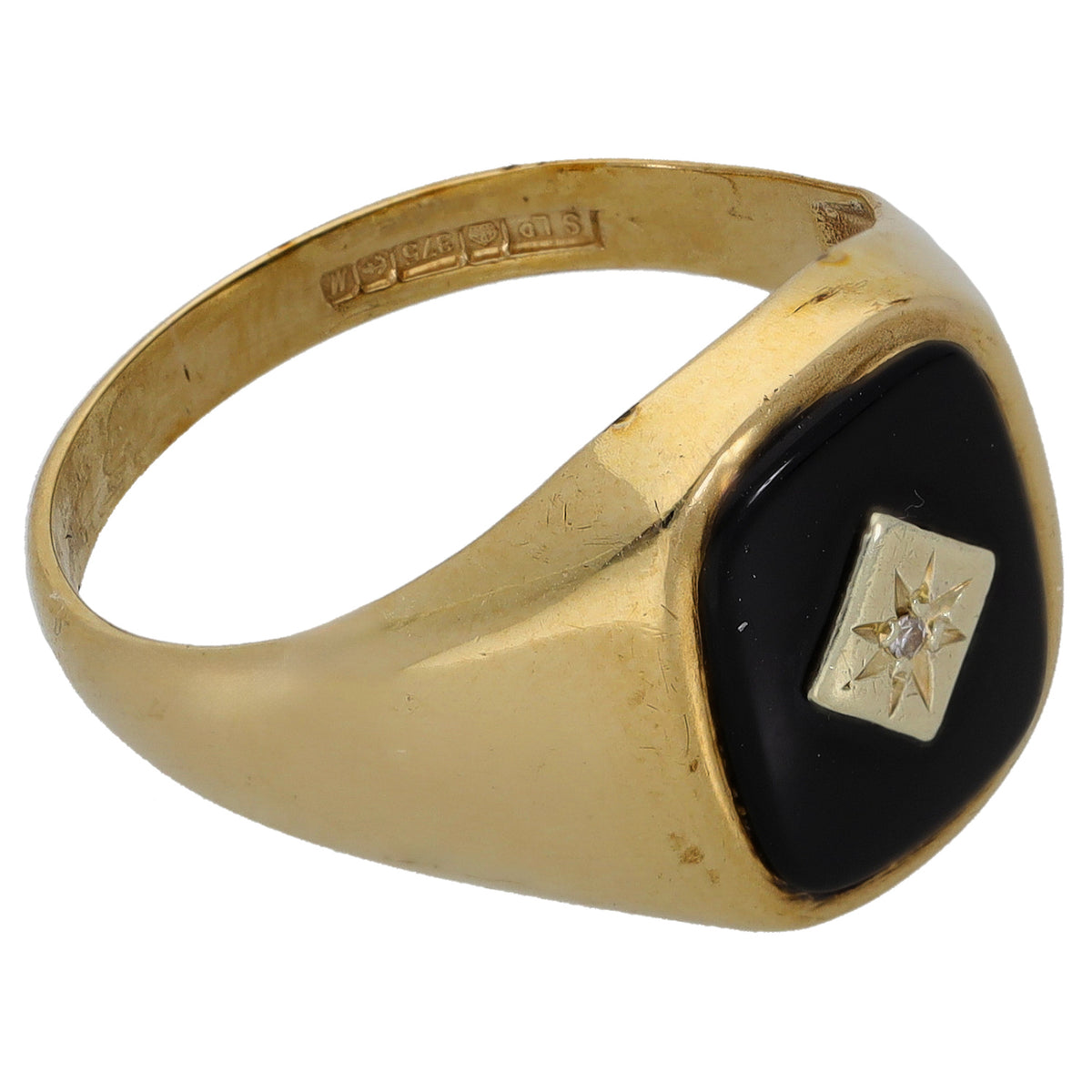 9ct Gold Onyx & 0.005ct Diamond Signet Ring Size Q