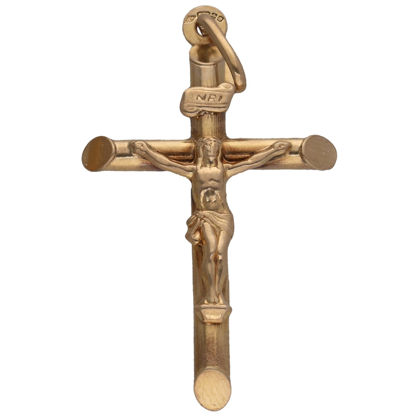 9ct gold crucifix pendant with raised Jesus figure on cross, rounded bail at top