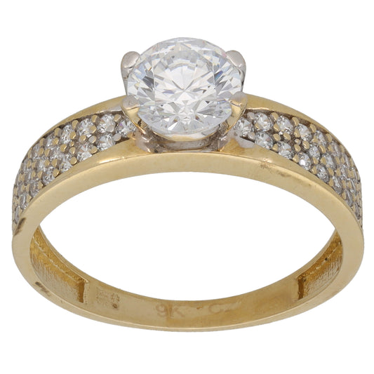 9ct Gold Cubic Zirconia Single Stone Ring with Accent Stones Size P