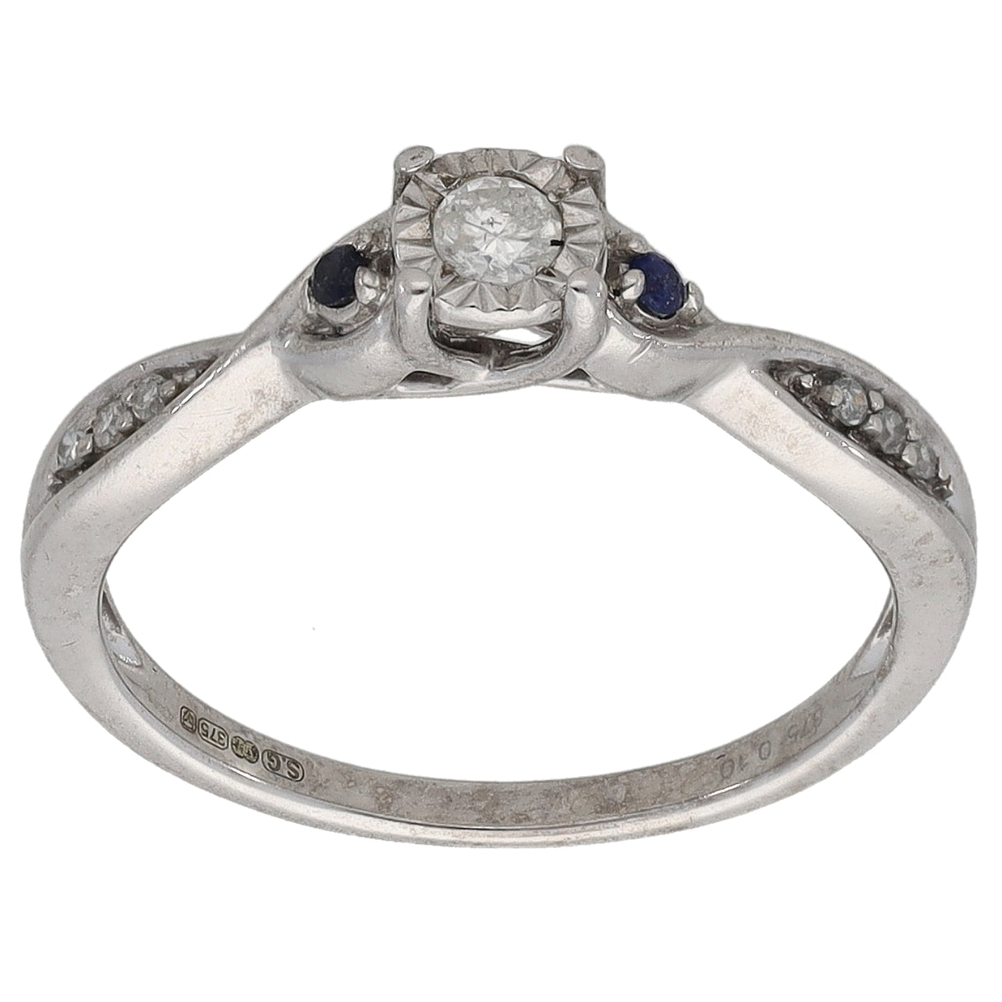 9ct White Gold 0.10ct Diamond & Sapphire Solitaire Ring With Accent Stones Size L