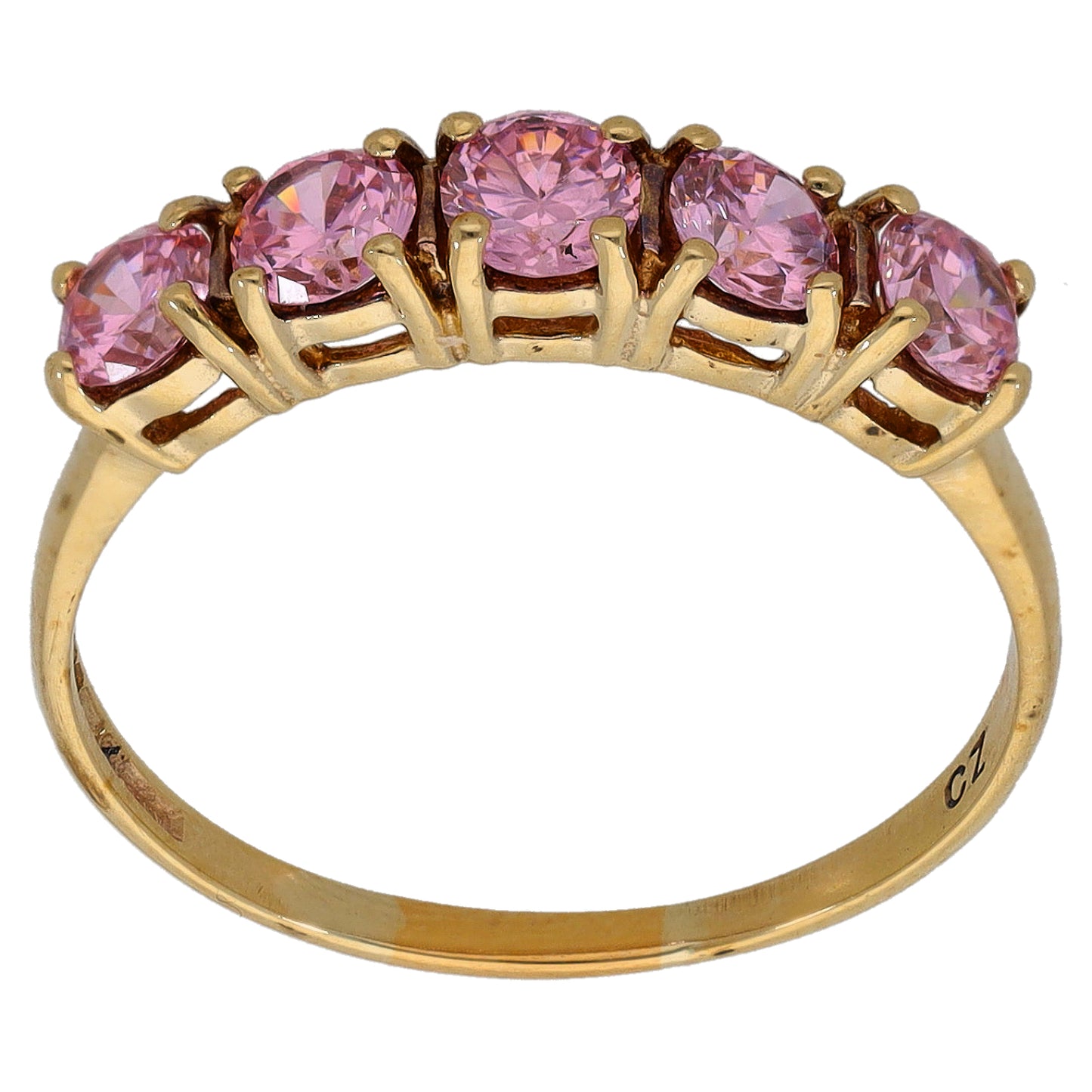 9ct gold half eternity ring featuring five pink CZ stones across the top