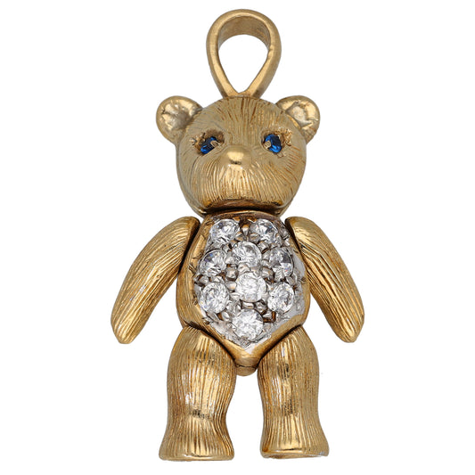 Gold-tone character pendant: bear-clown with blue eyes and heart crystal chest.