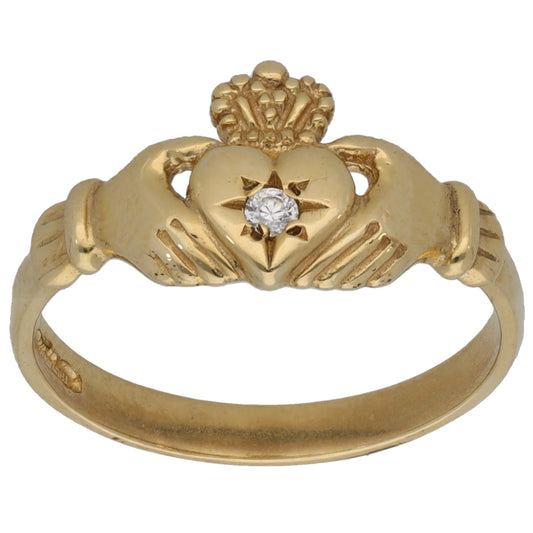 9ct Gold Cubic Zirconia Single Stone Claddagh Ring Size O