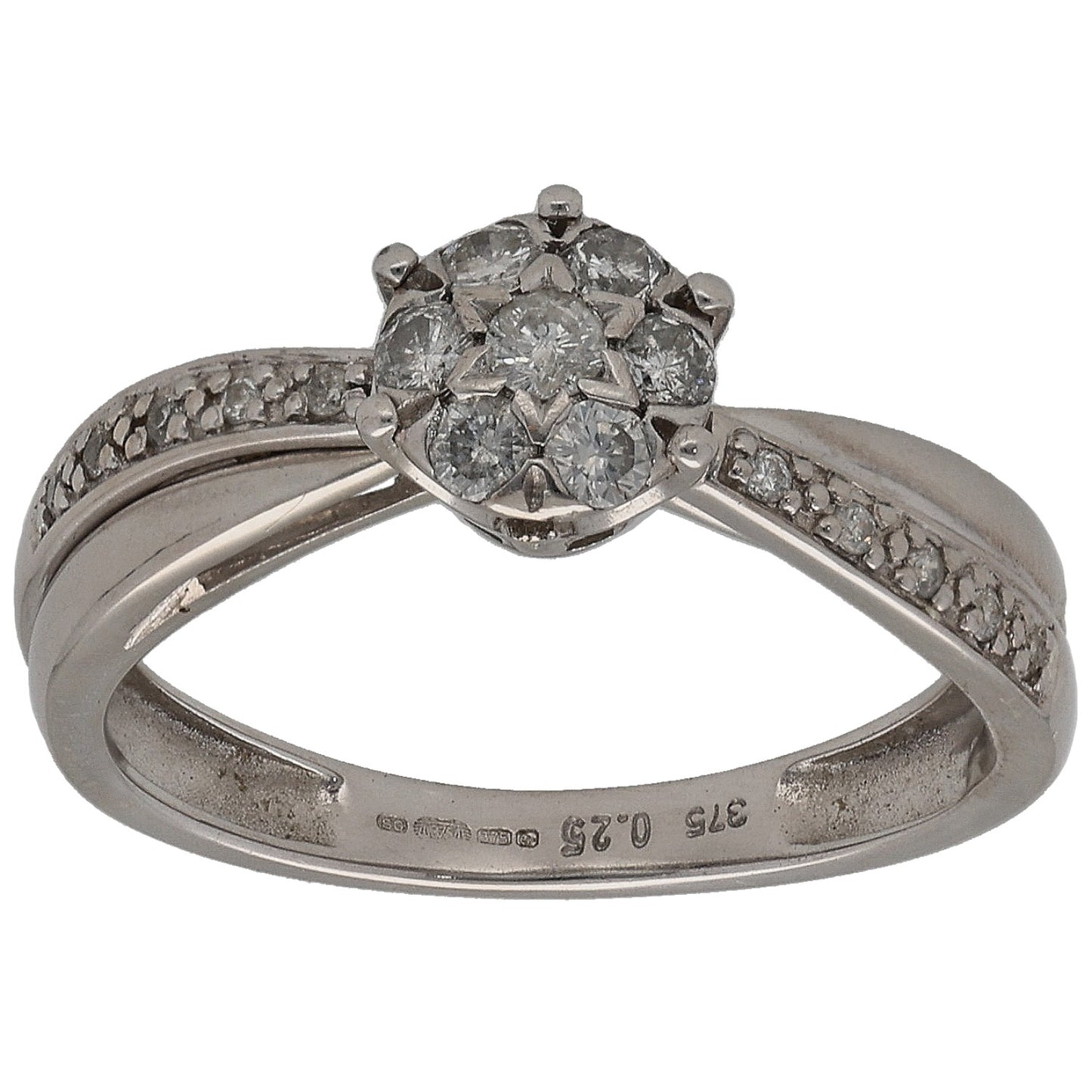 White gold diamond cluster ring with pavé shoulders
