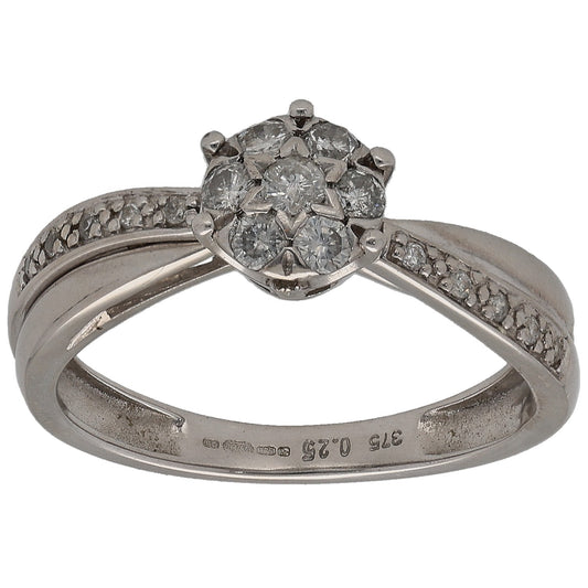 White gold diamond cluster ring with pavé shoulders