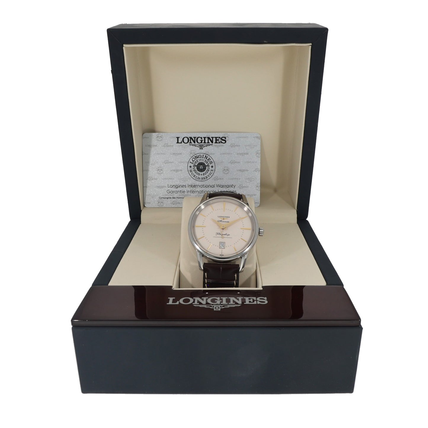 Longines Flagship L4.795.4, cream dial, stainless steel case, brown leather bracelet box image