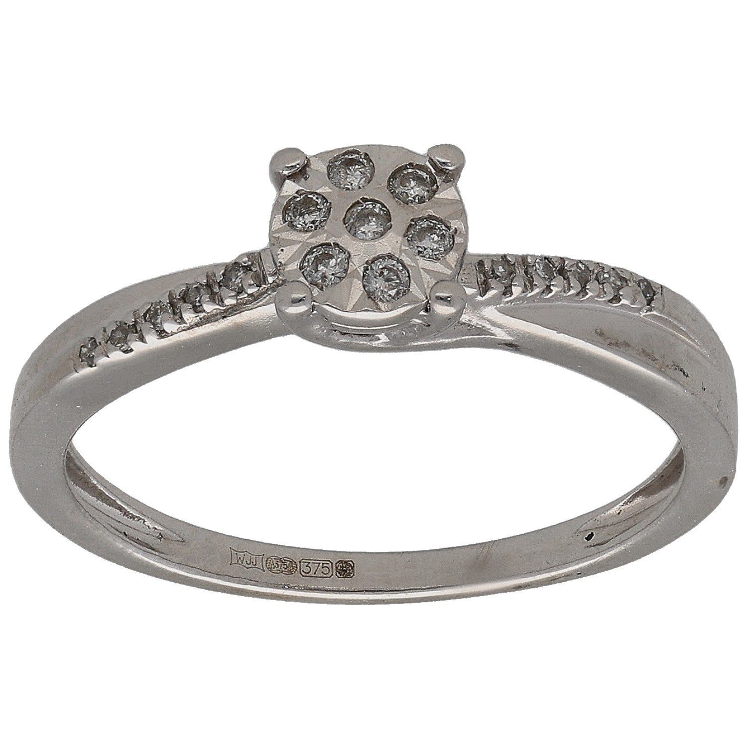 9ct white gold cluster ring with round diamond center and pavé shoulders
