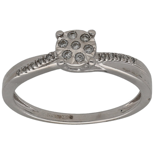 9ct white gold cluster ring with round diamond center and pavé shoulders