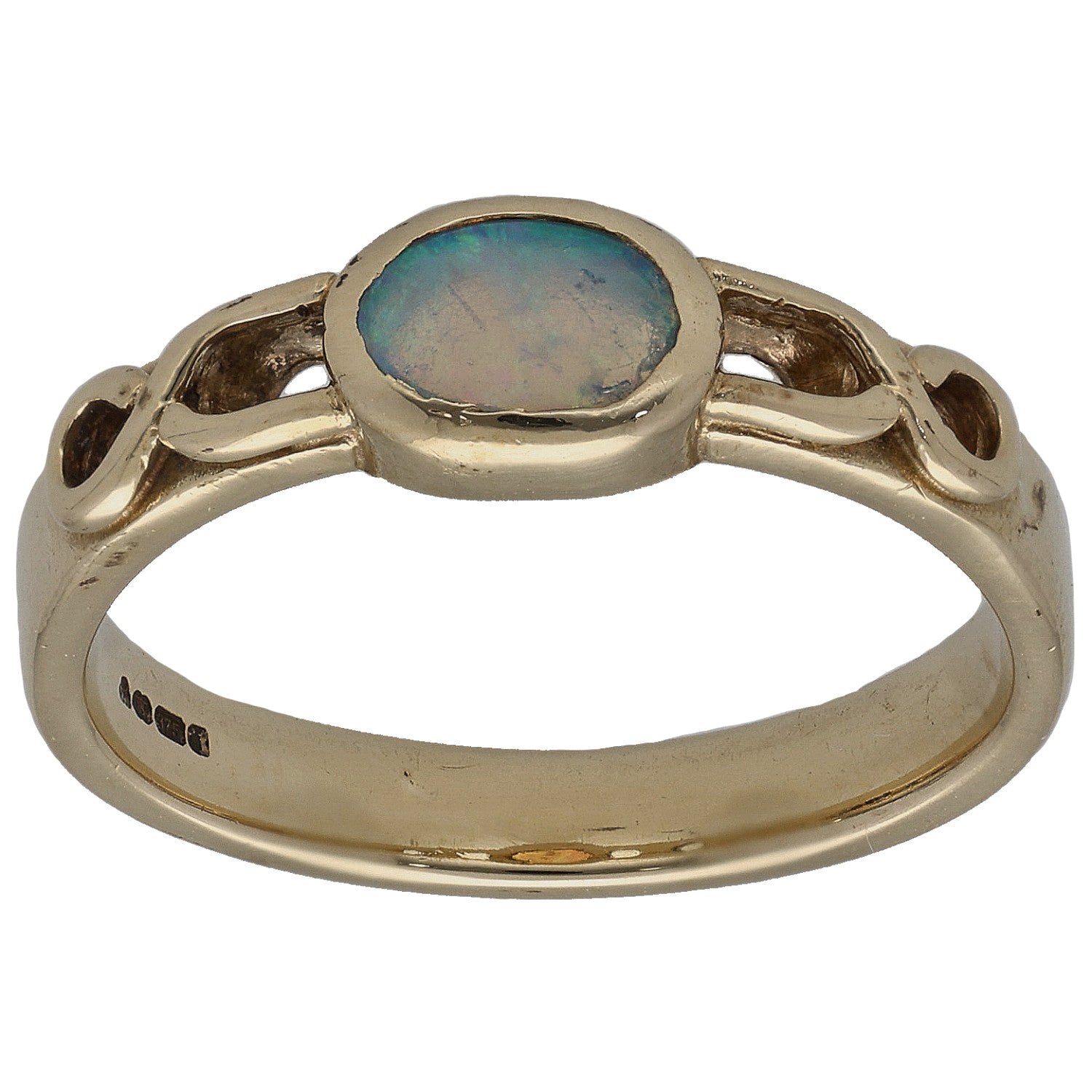 Gold oval opal single-stone ring with raised bezel setting and polished band