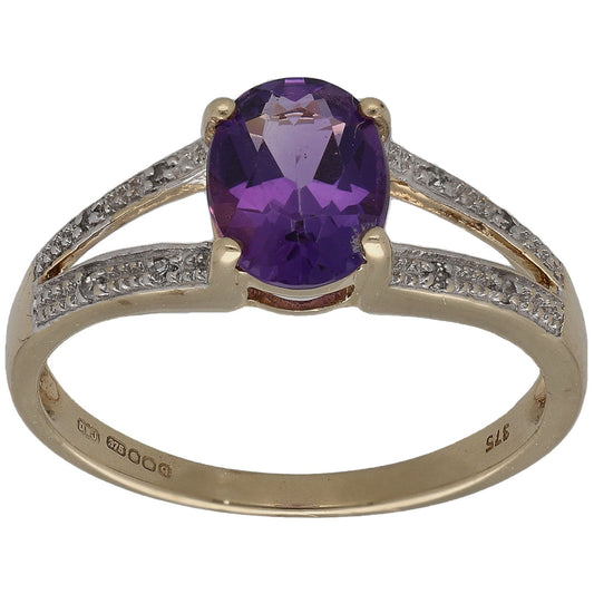 9ct Gold Amethyst & 0.04ct Diamond Single Stone Ring With Accents Size N
