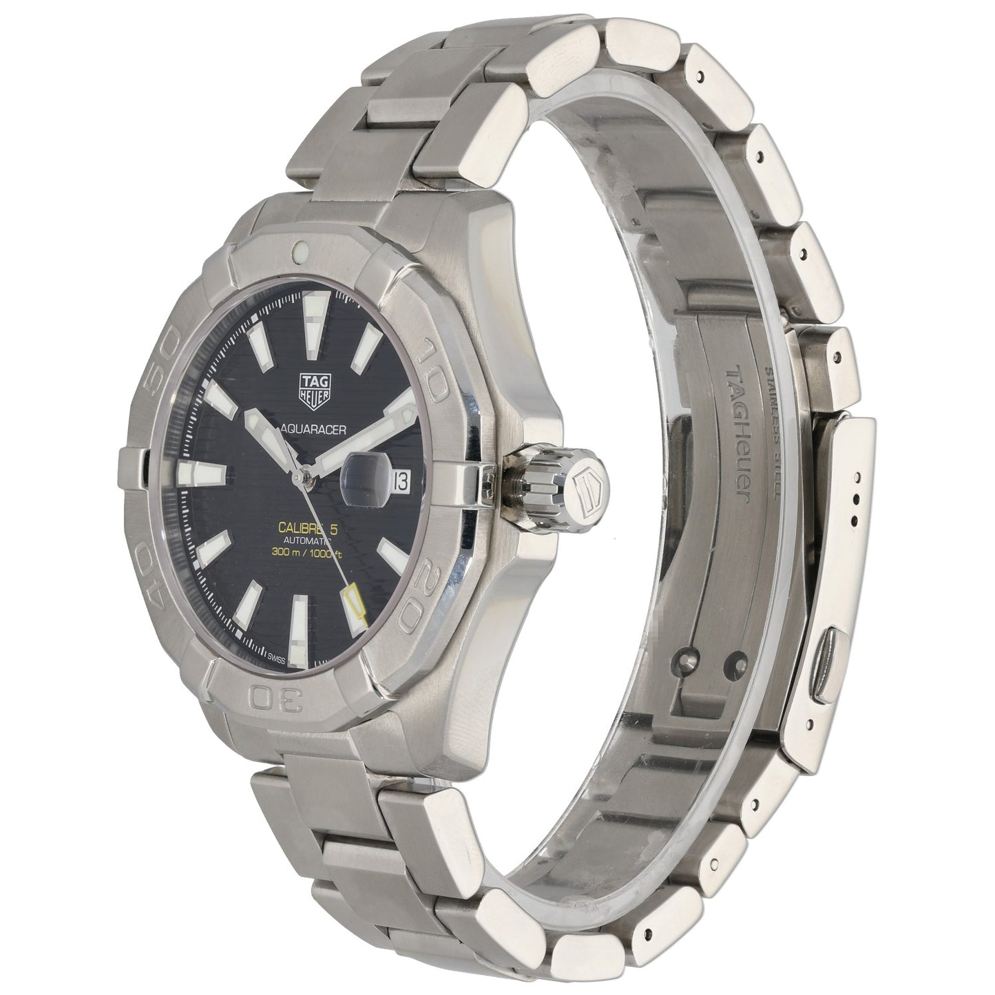 Tag Heuer Aquaracer WAY2010-0 Stainless steel diver watch side view, black dial, screw-down crown, date window