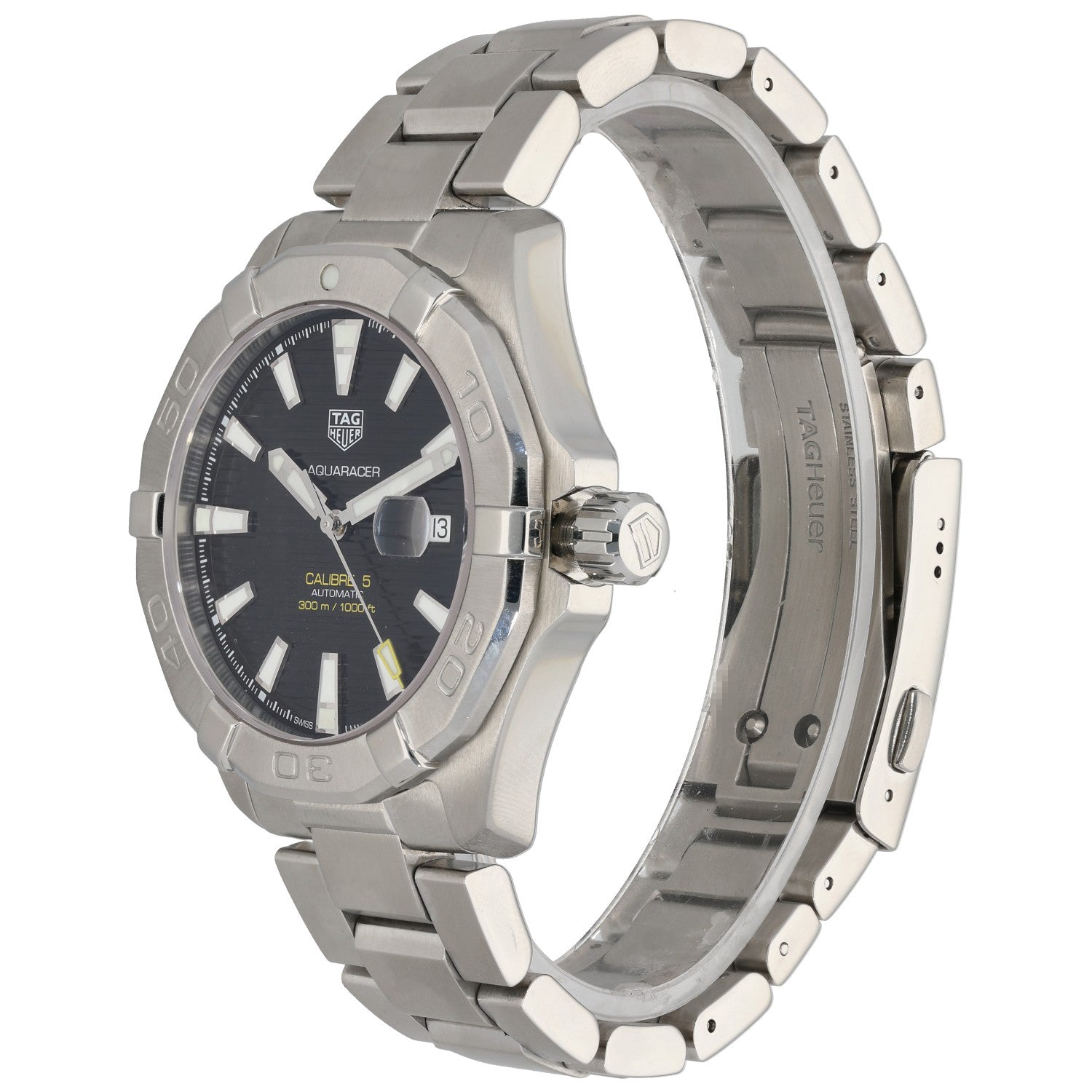Tag Heuer Aquaracer WAY2010-0 Stainless steel diver watch side view, black dial, screw-down crown, date window