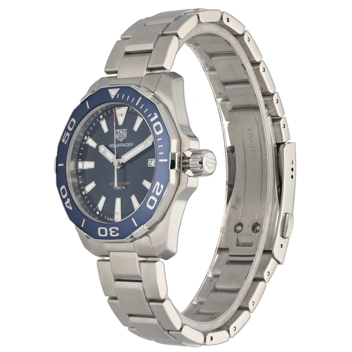 Tag Heuer Aquaracer WAY111C, blue dial and blue bezel, on 41mm stainless steel case and bracelet, front angle