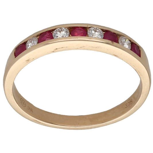 9ct Gold Ruby & 0.24ct Diamond Half Eternity Ring Size R