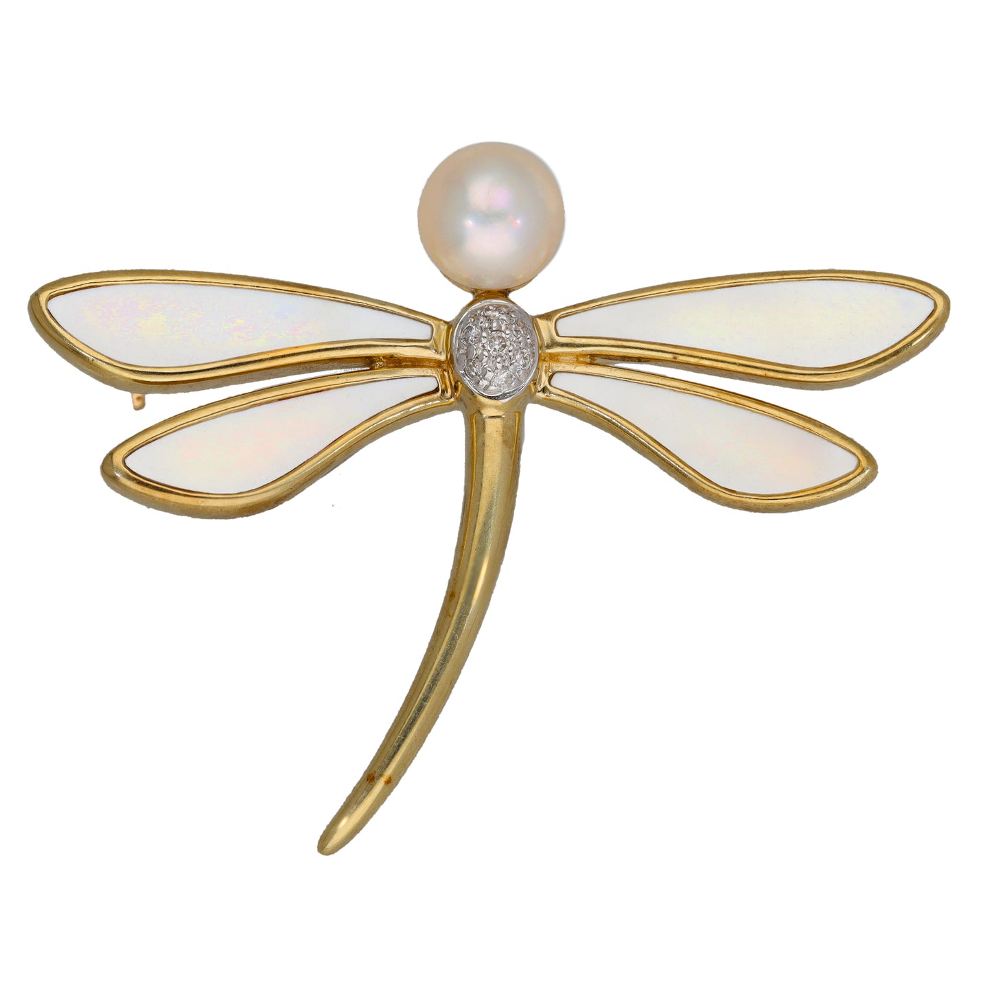 9ct Gold Cultured Pearl, Mother Of Pearl & 0.035ct Diamond Dragonfly Brooch