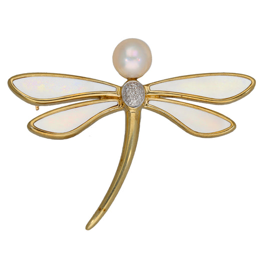 9ct Gold Cultured Pearl, Mother Of Pearl & 0.035ct Diamond Dragonfly Brooch