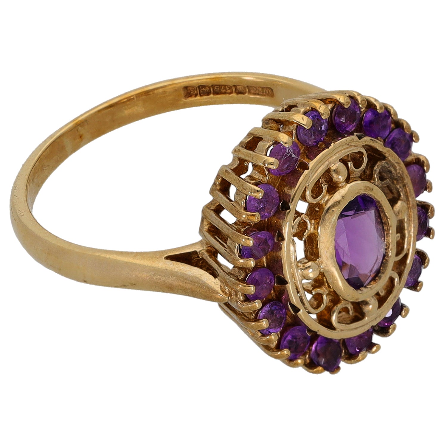 Gold amethyst cocktail ring side view with oval purple center stone and halo setting